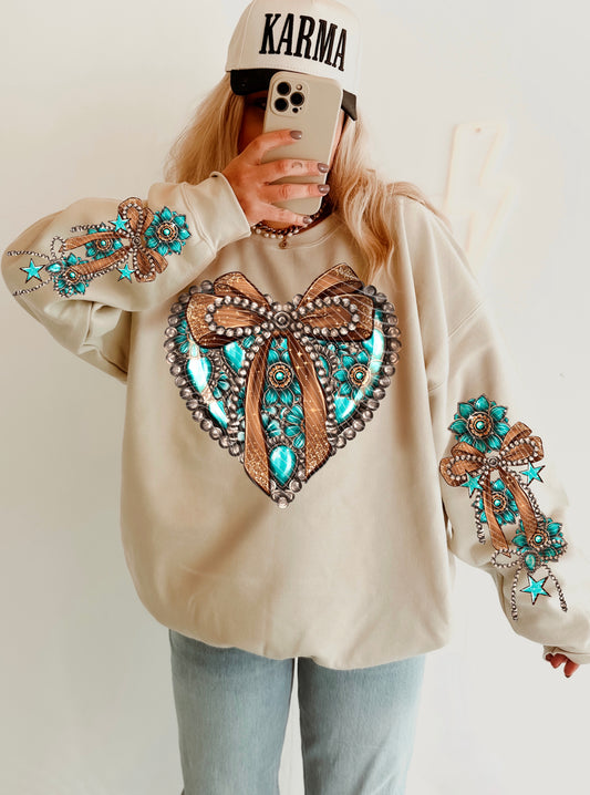 Concho Heart Sleeve Combo Crewneck
